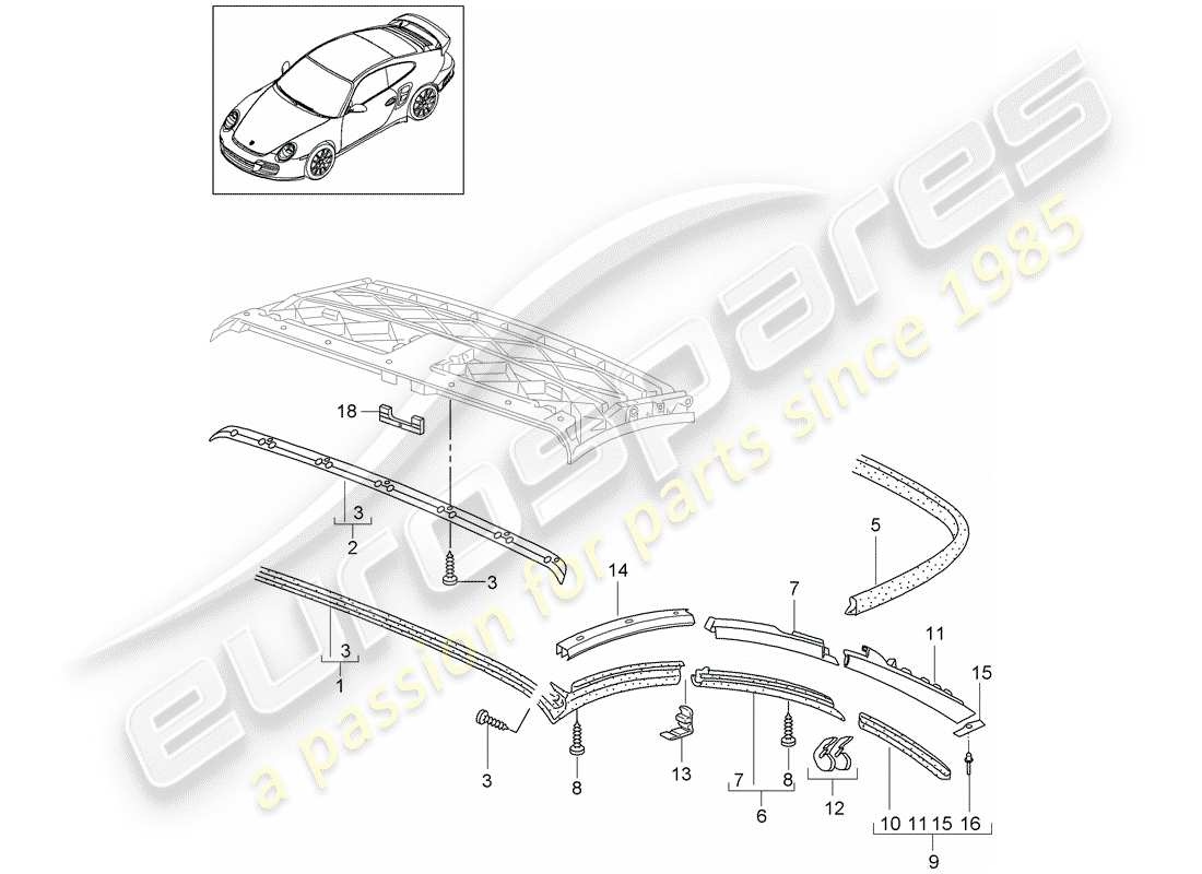 porsche 2009 997-2 turbo / gt2 schema delle parti della capote convertibile