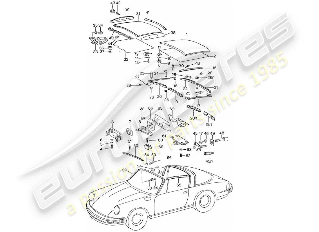 porsche 1974 (911) copertura soffice diagramma delle parti