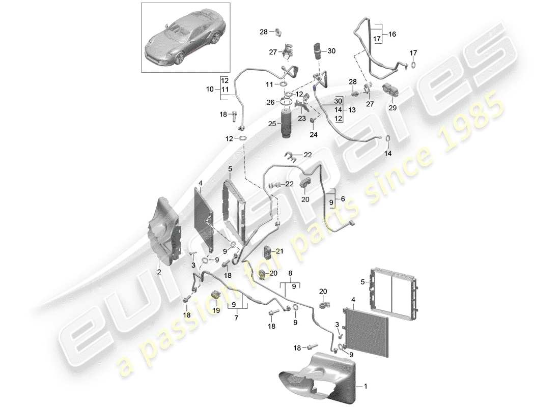 porsche 991 turbo (2019) schema delle parti del circuito frigorifero