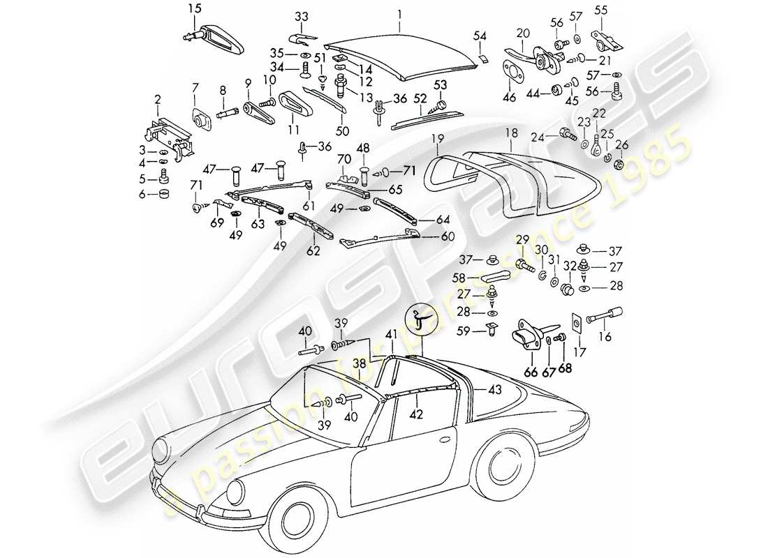 porsche 1972 (911) tetto diagramma delle parti