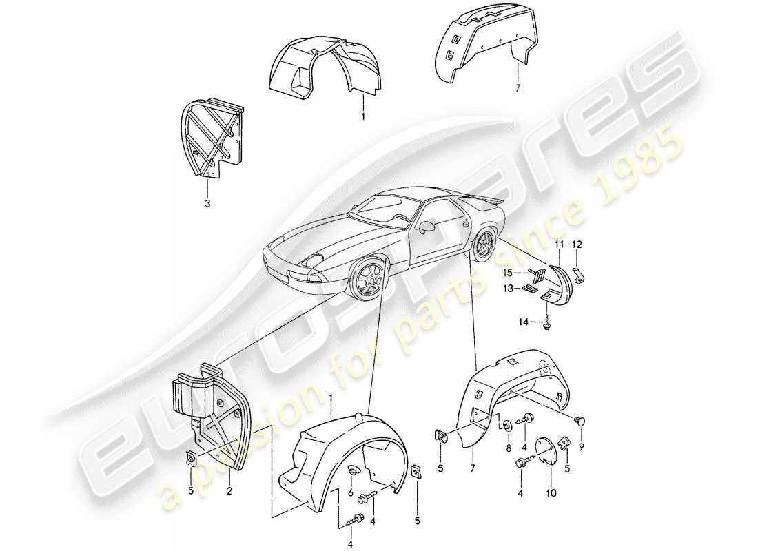 porsche 1992 (928) protezione timoneria - copriruota - e diagramma delle parti