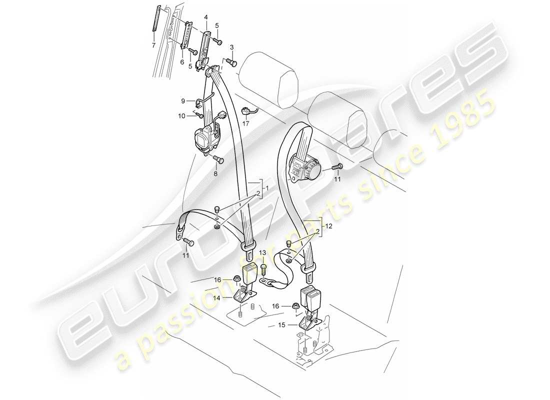 porsche 2008 (cayenne e1 9pa) cintura di sicurezza diagramma delle parti