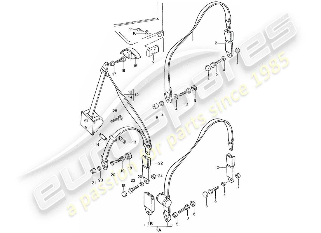 porsche 1990 (944) diagramma delle parti della cintura di sicurezza