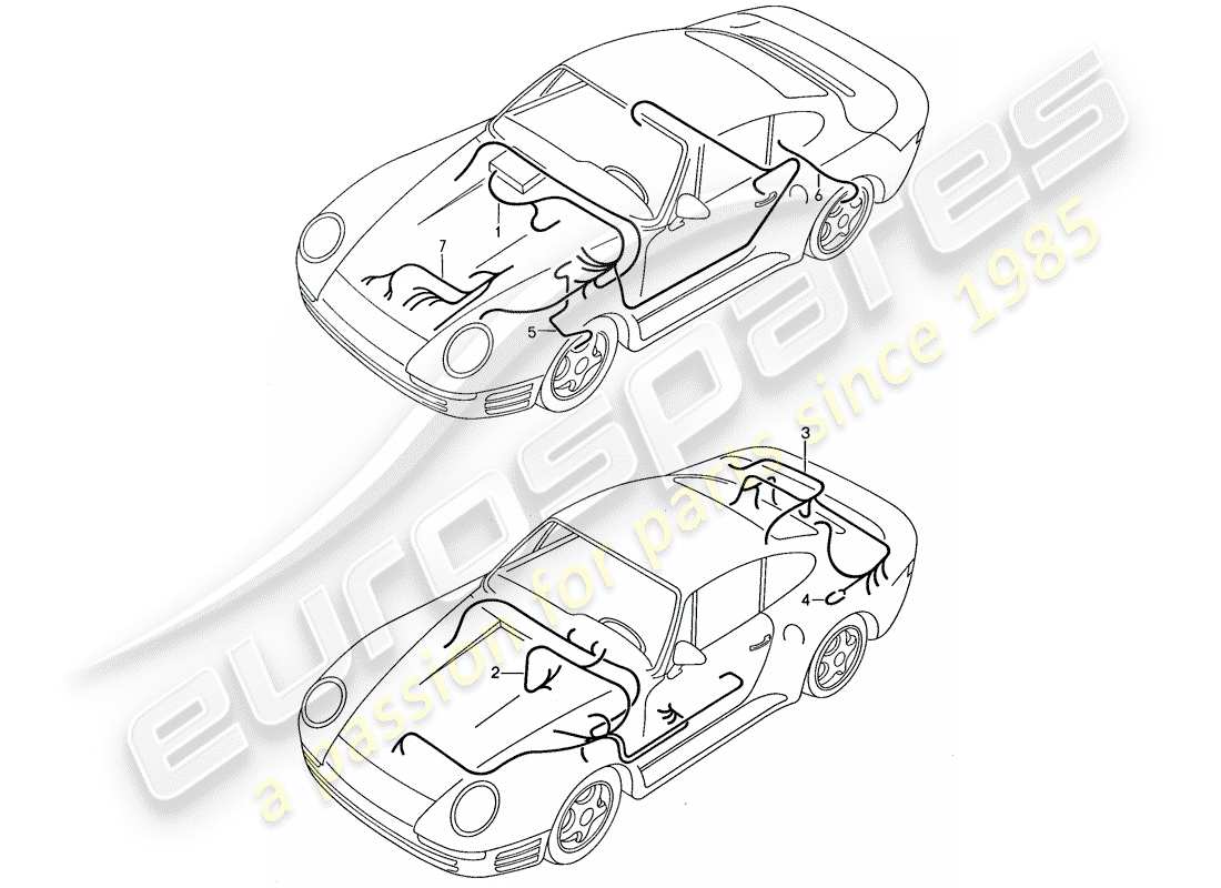 porsche 1987 (959) cablaggi - impianto freno antibloccaggio -abs- - controllo bloccaggio - sistema di controllo pressione pneumatici - motore schema delle parti
