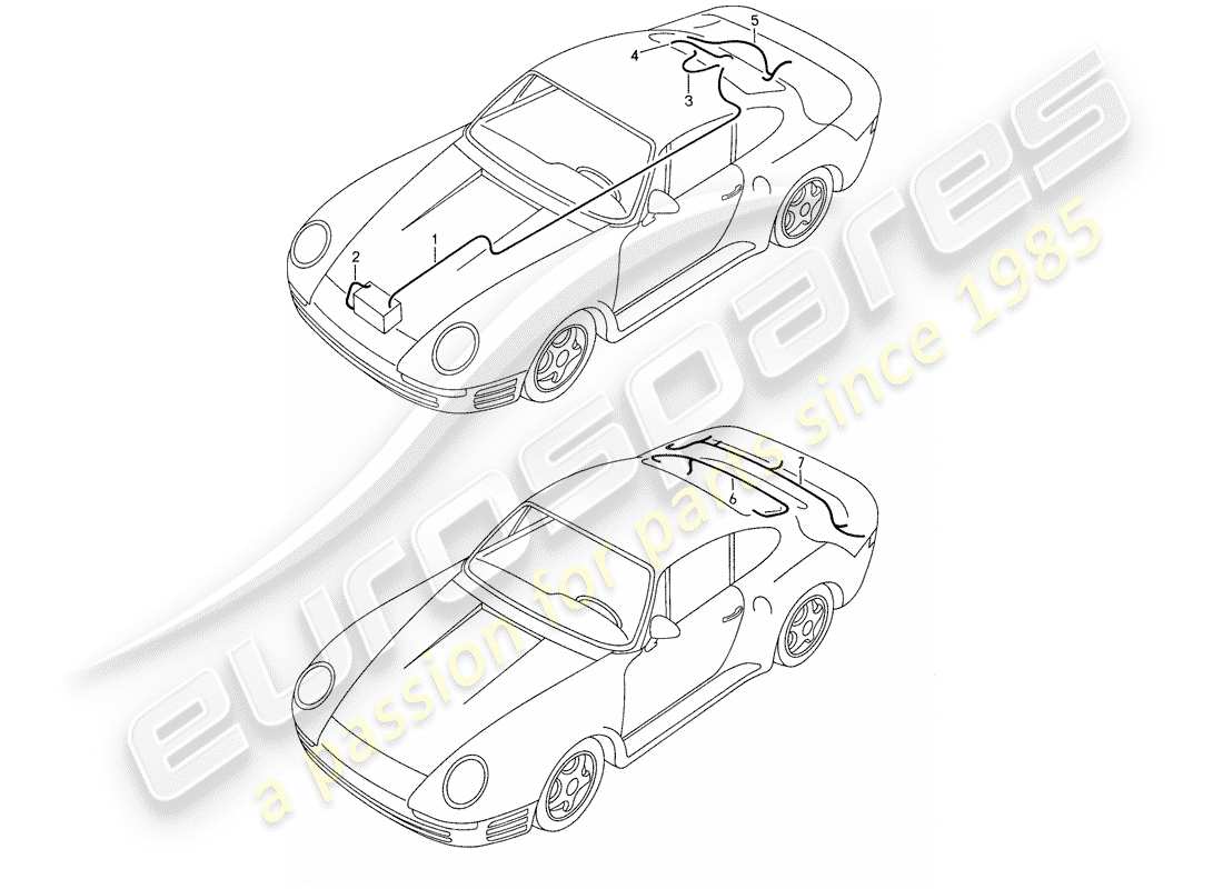 porsche 1987 (959) cablaggi - estremità posteriore - batteria diagramma delle parti