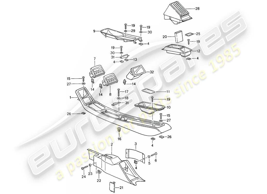 porsche 1996 (993) console centrale diagramma delle parti