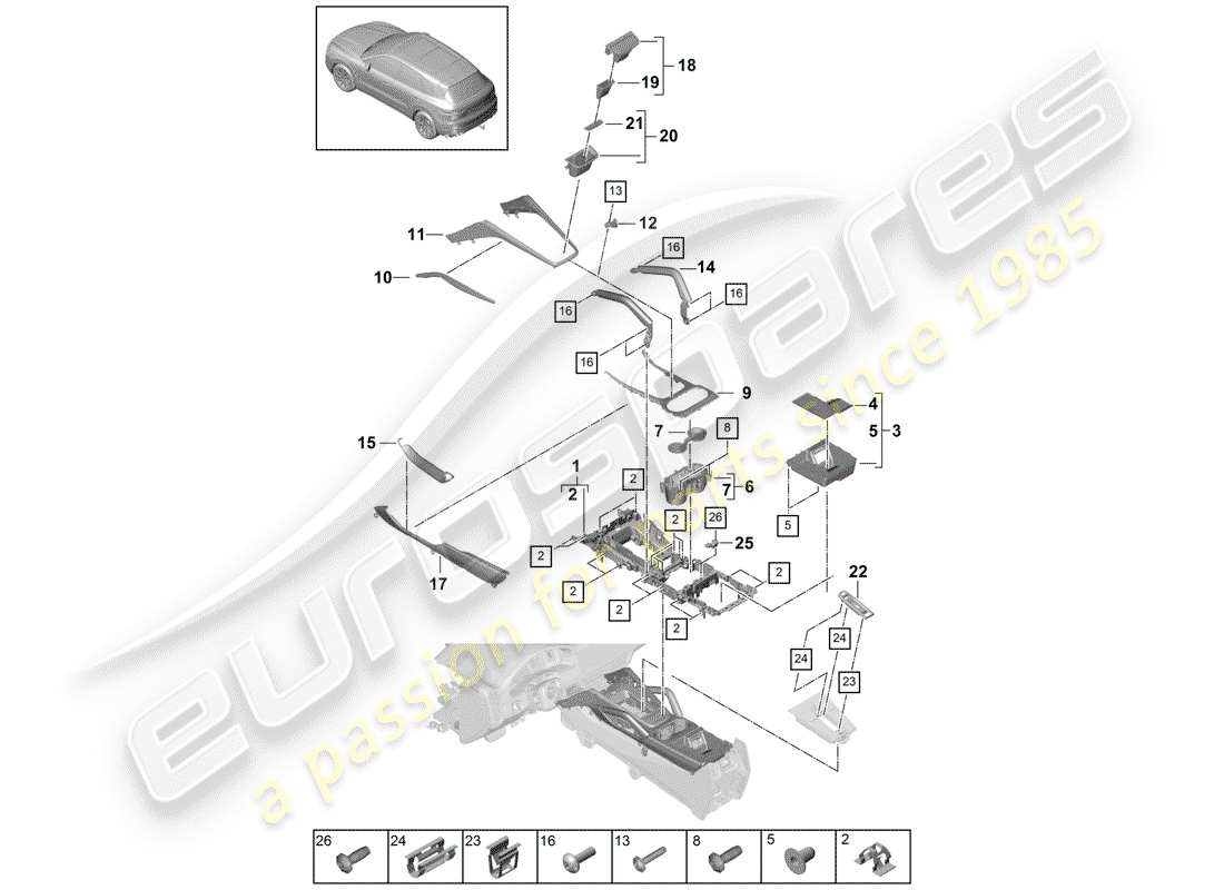 porsche 2018 (cayenne e3 9ya/9yb) console centrale diagramma delle parti