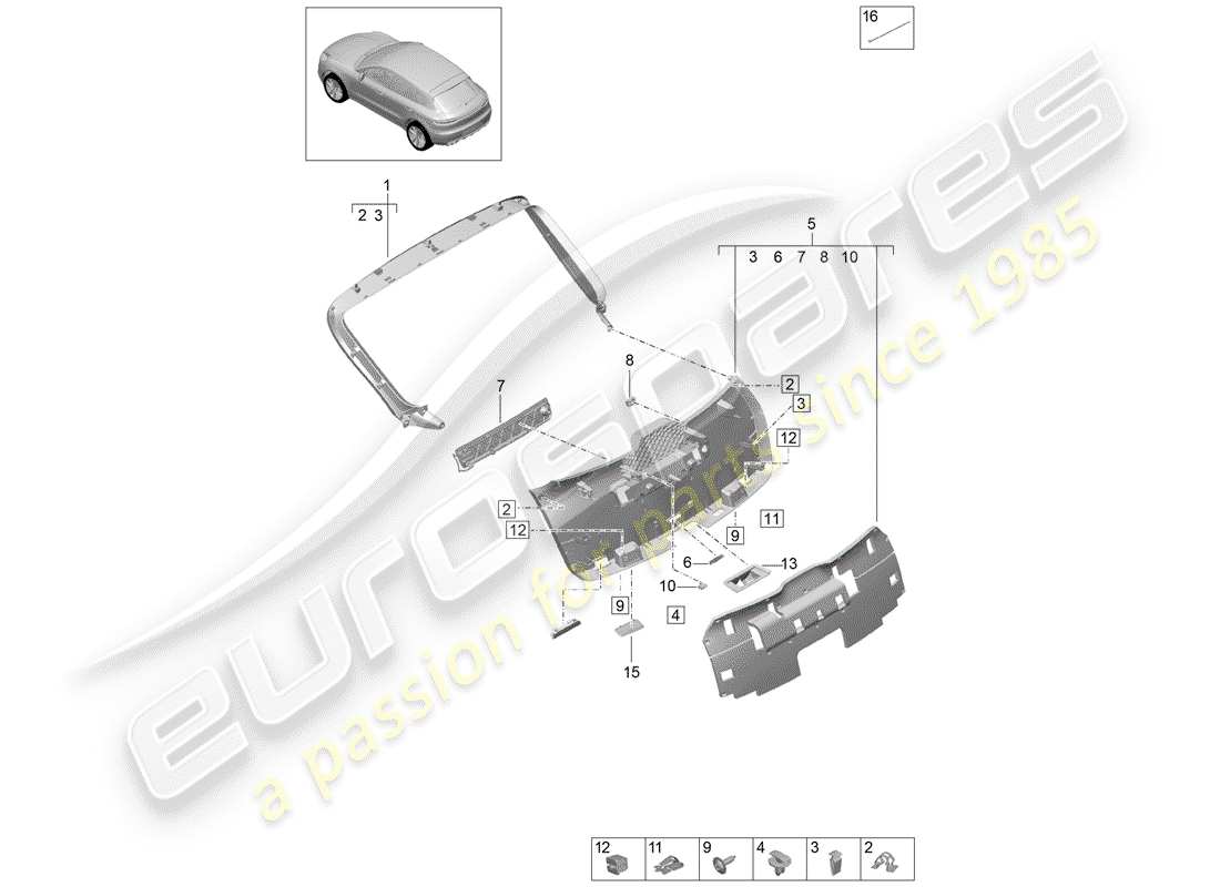 porsche 2019 (macan) pannello di rivestimento per portellone diagramma delle parti