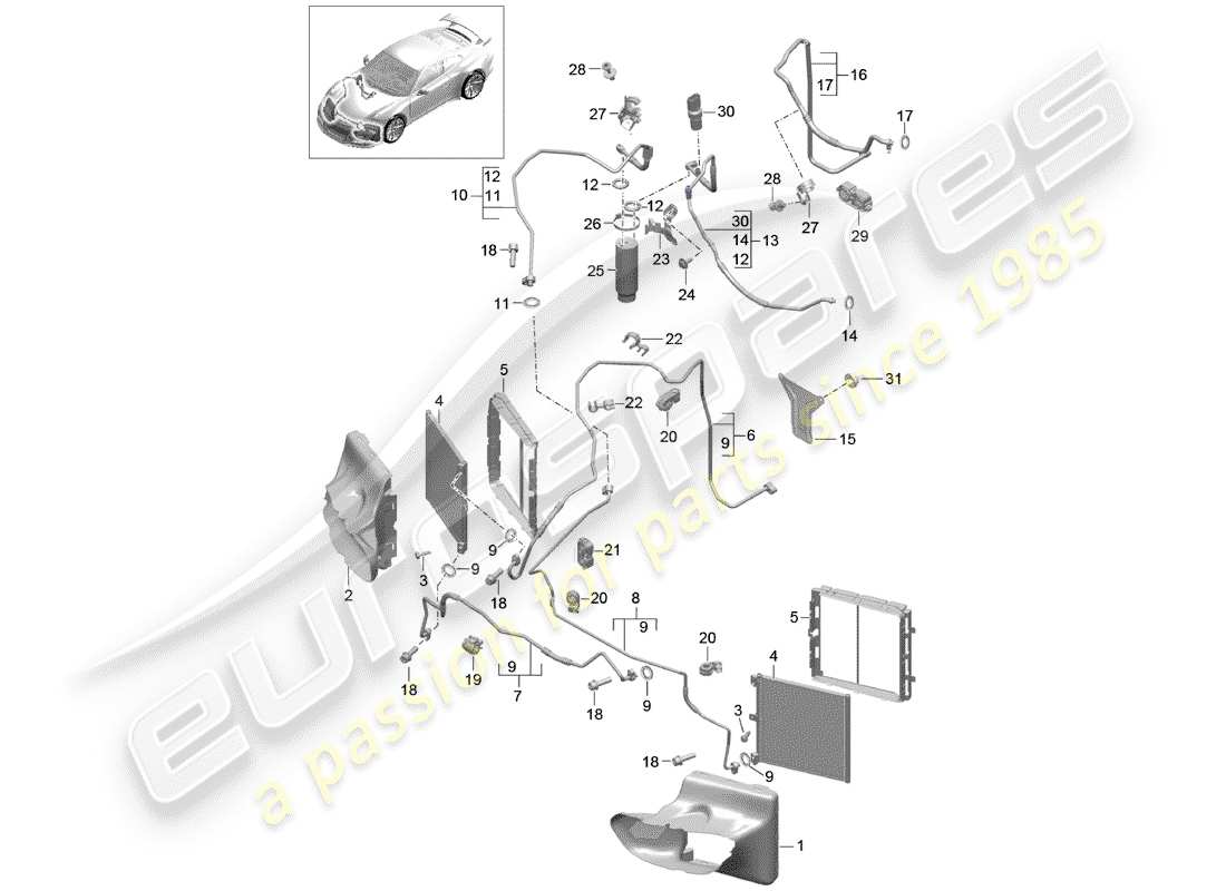 porsche 991r/gt3/rs (2020) schema delle parti del circuito frigorifero