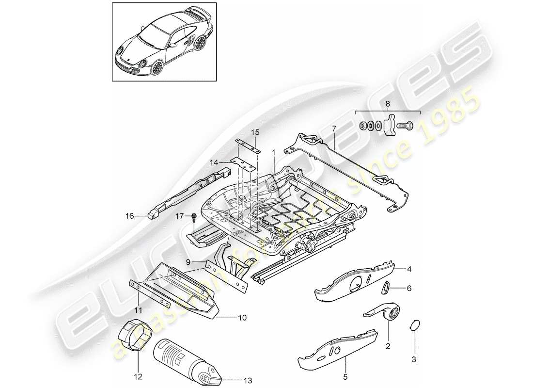 porsche 2012 (997-2 turbo / gt2 rs) telaio del sedile diagramma delle parti