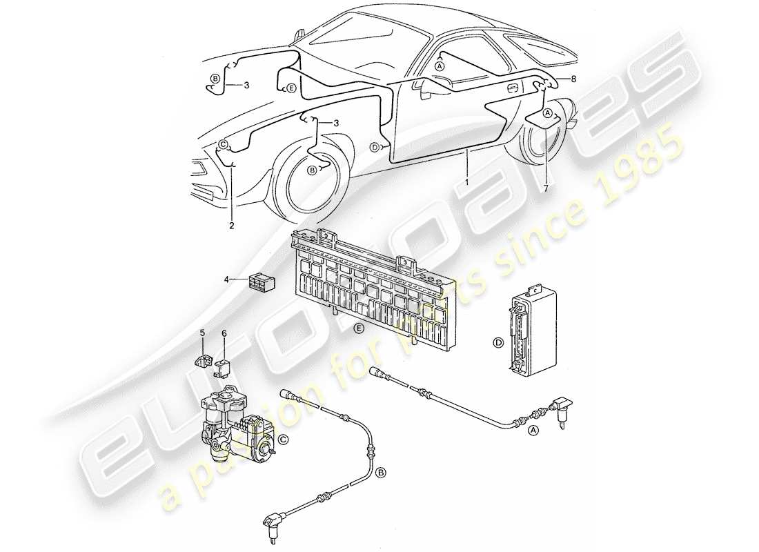 porsche 1990 (928) cablaggio - sistema freno antibloccaggio. -addominali- diagramma delle parti