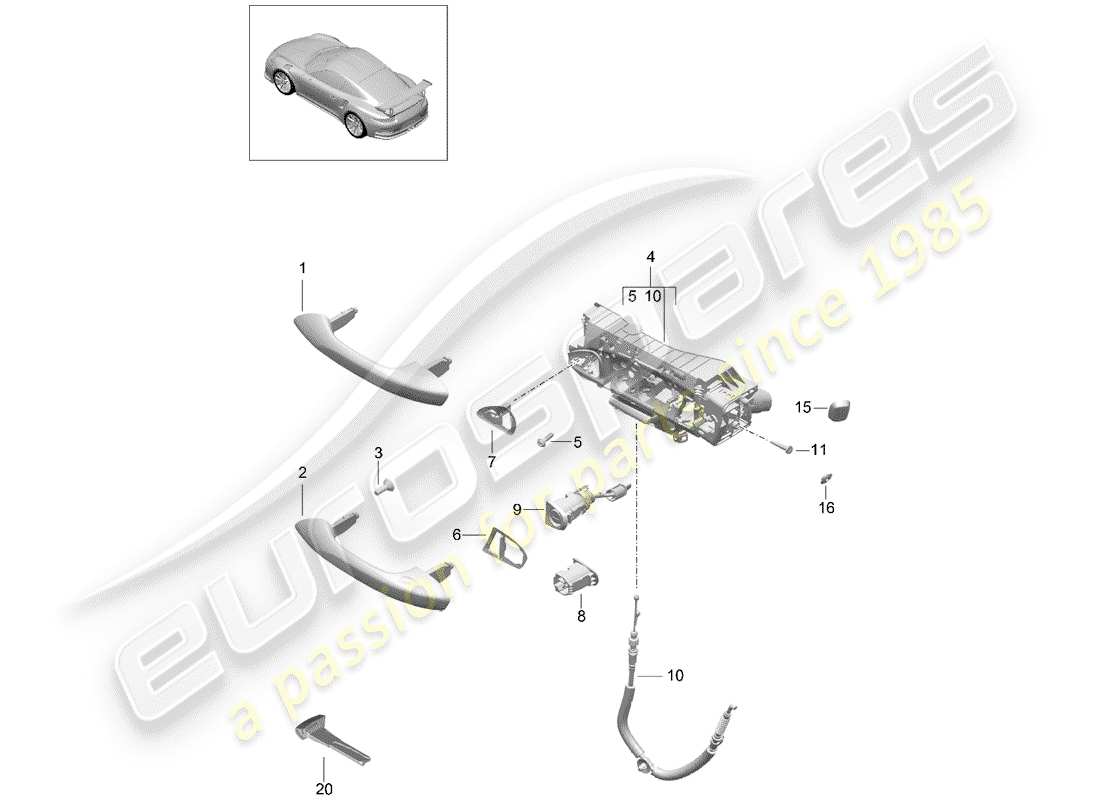 porsche 2014 (991-1 r/gt3/rs) maniglia della porta, esterna diagramma delle parti