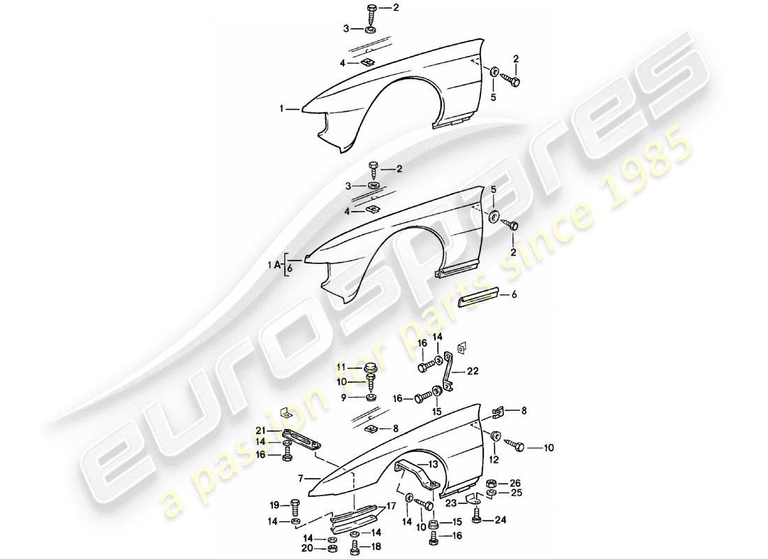 porsche 1981 (924) schema delle parti del parafango