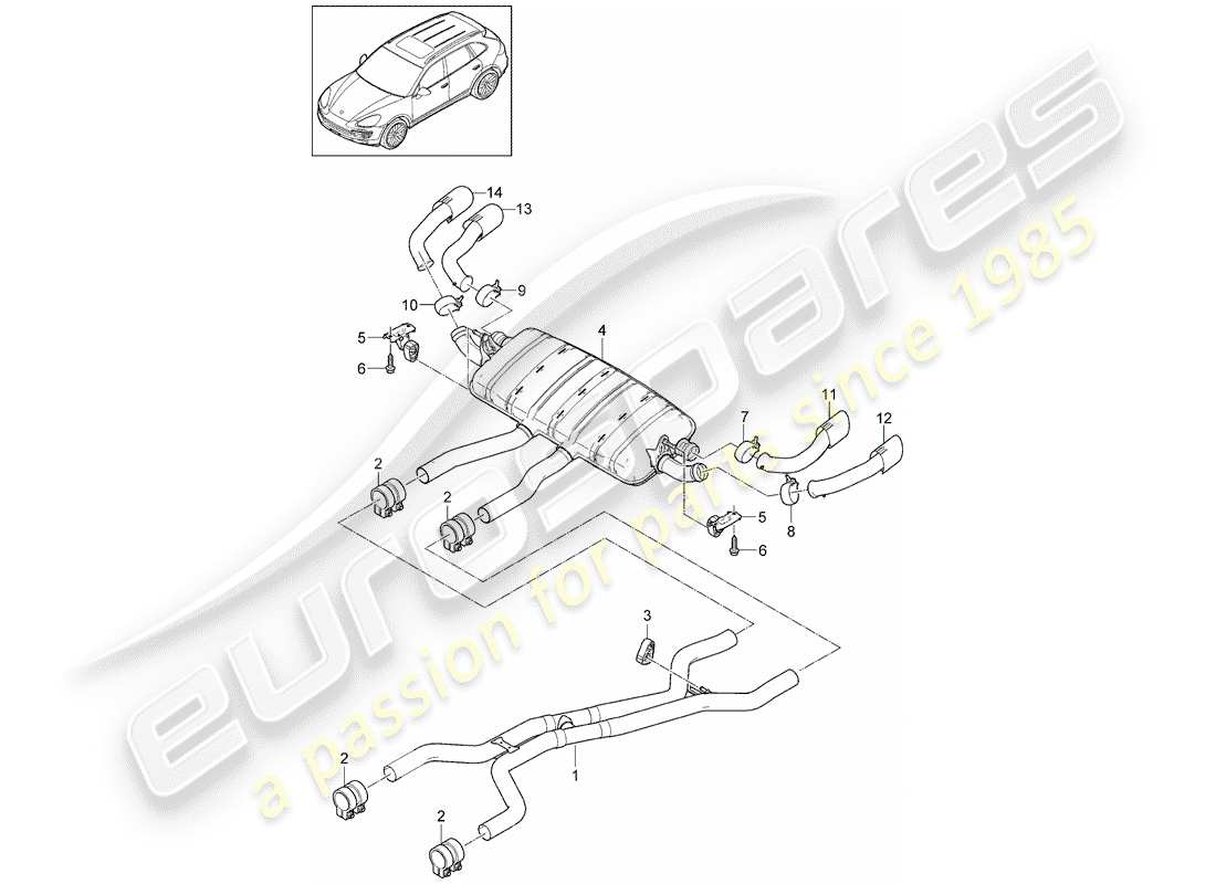 porsche 2014 (cayenne e2 92a) diagramma delle parti del sistema di scarico