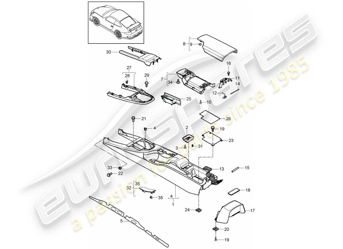 porsche 2011 (997-2 gt3) console centrale diagramma delle parti