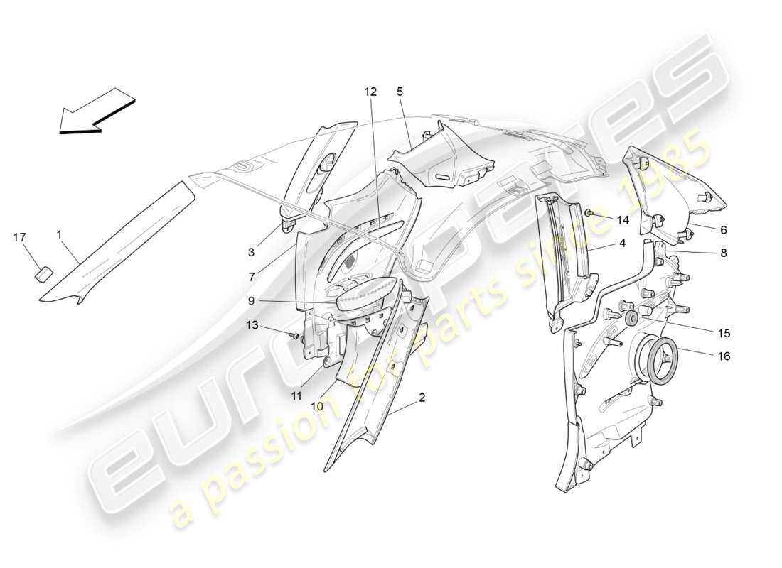 maserati granturismo (2011) schema delle parti dei pannelli di rivestimento del montante b e dei pannelli laterali dell'abitacolo