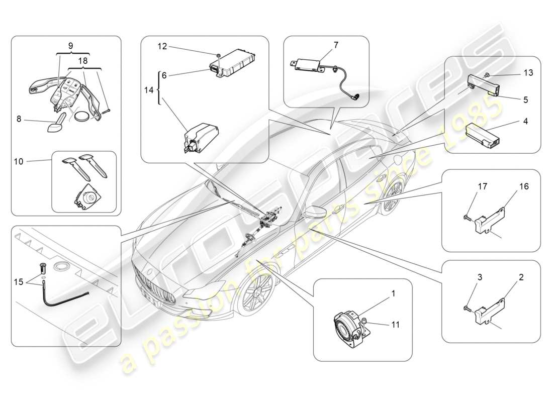 maserati qtp 3.0 bt v6 410hp (2014) diagramma delle parti del sistema di allarme e immobilizzatore