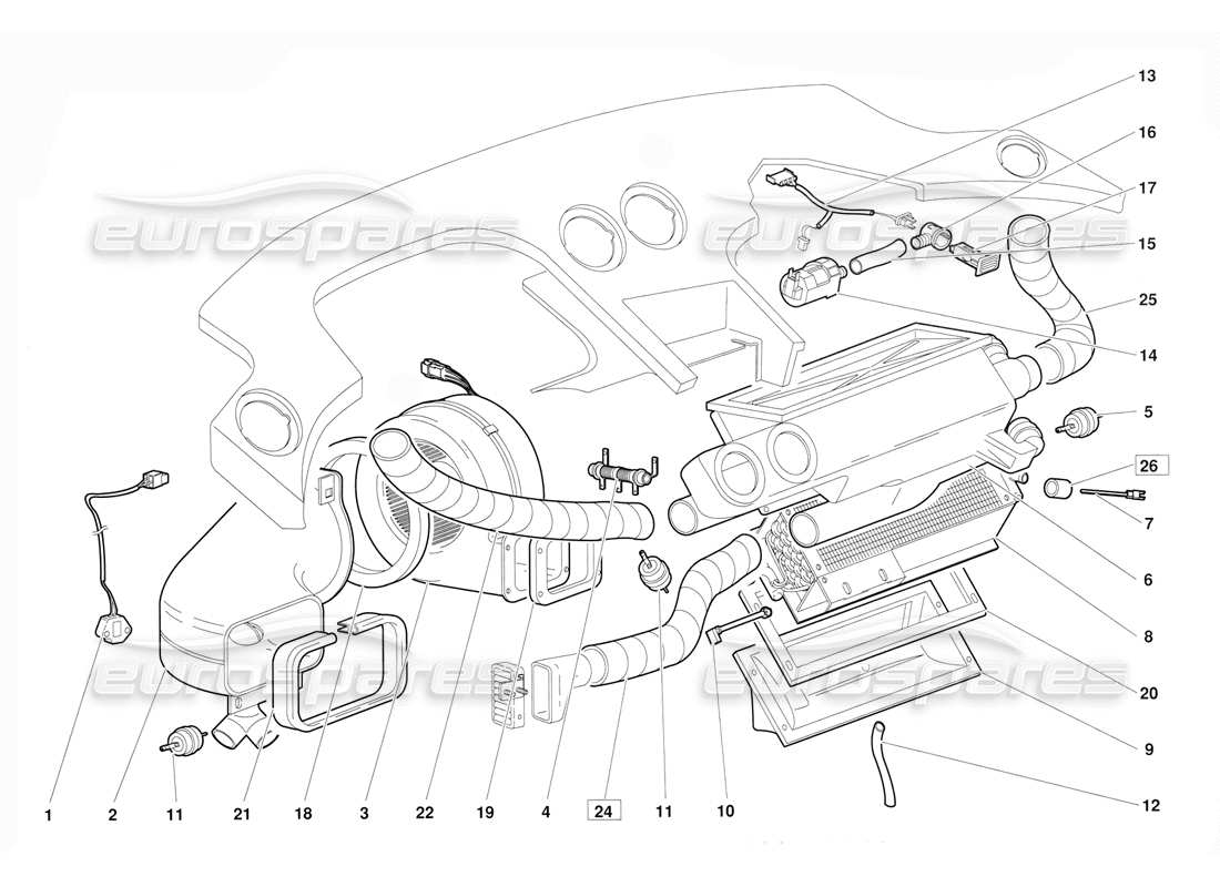 lamborghini diablo (1991) diagramma delle parti del controllo climatico (valido per la versione 1992 di giugno).