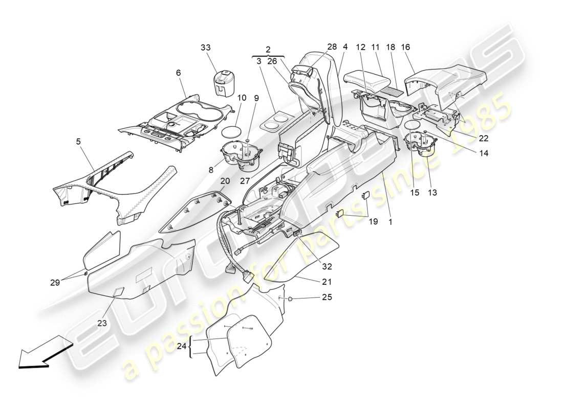 maserati granturismo s (2018) schema delle parti della console accessoria e della console centrale