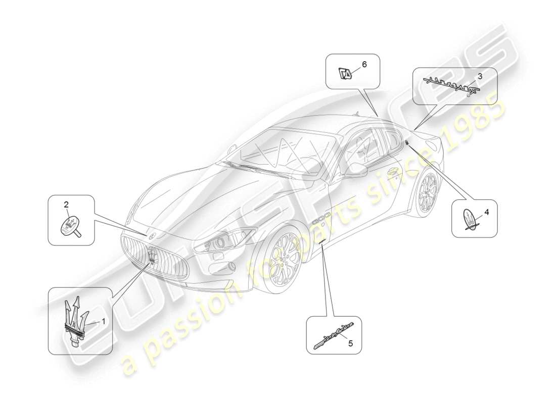 maserati granturismo (2008) diagramma delle parti di finiture, marchi e simboli