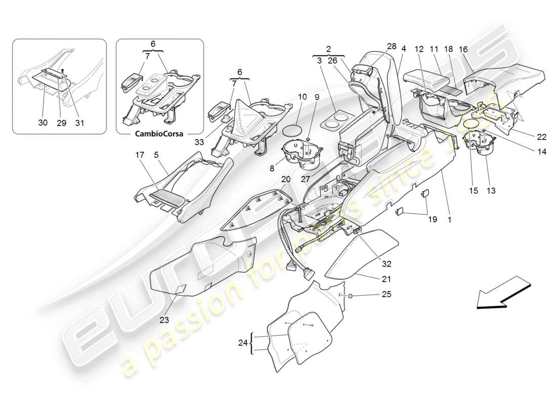 maserati granturismo (2008) console accessori e console centrale diagramma delle parti
