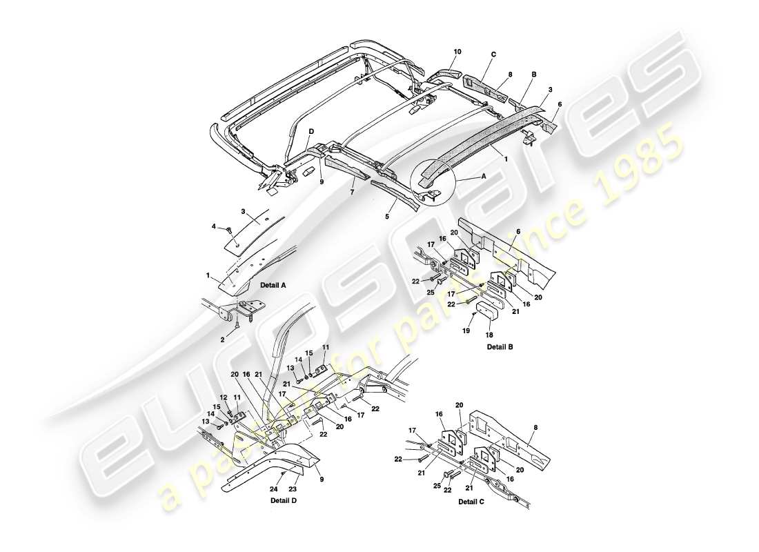 aston martin v8 volante (1999) legni del telaio della cappa diagramma delle parti