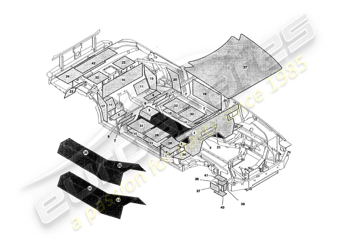 aston martin v8 volante (1999) assorbimento del suono diagramma delle parti