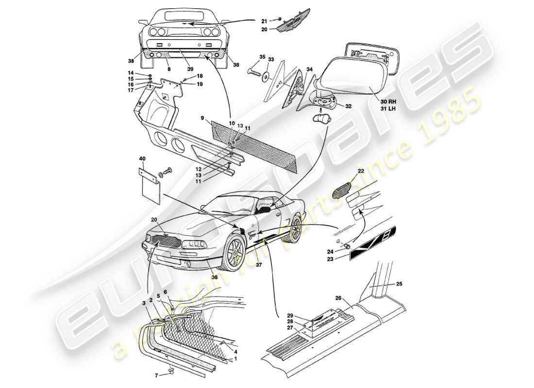 aston martin v8 volante (1999) accessori per il corpo diagramma delle parti