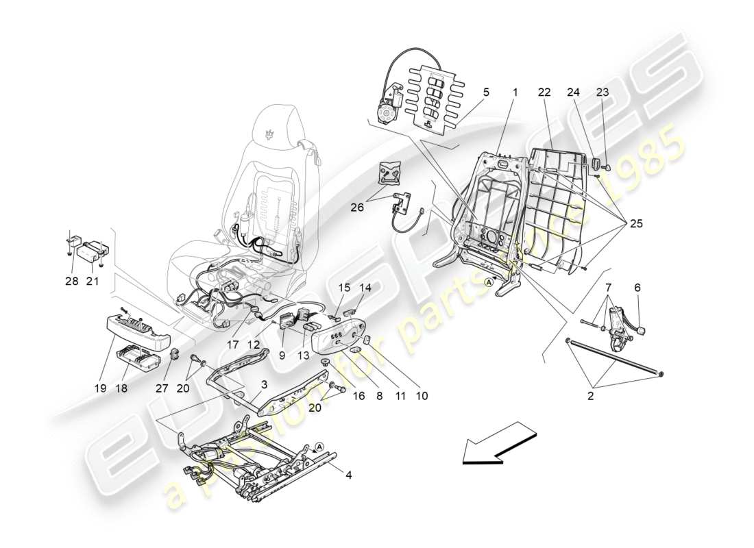 maserati granturismo (2013) sedili anteriori: diagramma delle parti meccaniche ed elettroniche
