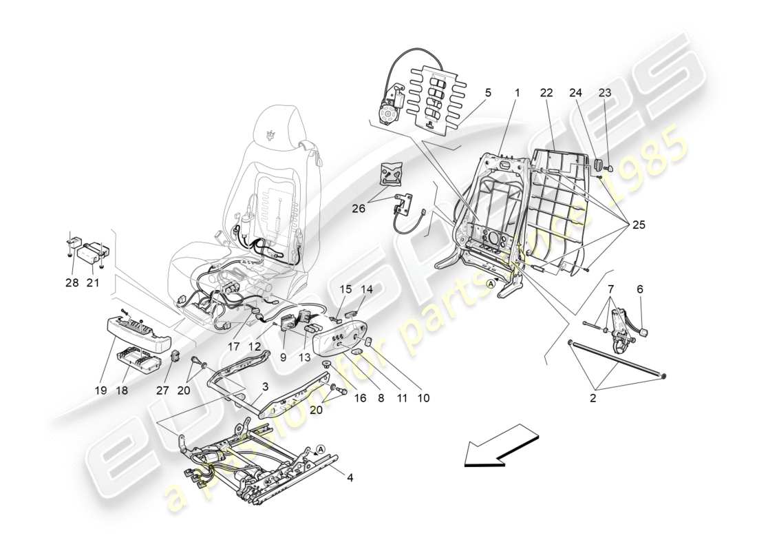 maserati granturismo (2013) sedili anteriori: meccanica ed elettronica diagramma delle parti