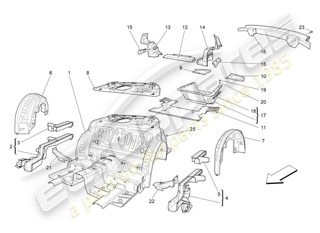 maserati granturismo (2011) schema delle parti dei telai strutturali posteriori e dei pannelli in lamiera
