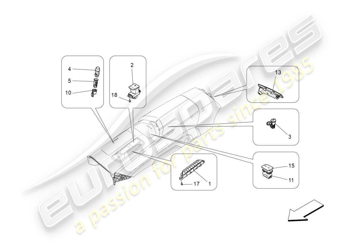 maserati qtp 3.0 tds v6 275hp (2015) diagramma delle parti dei dispositivi della console centrale