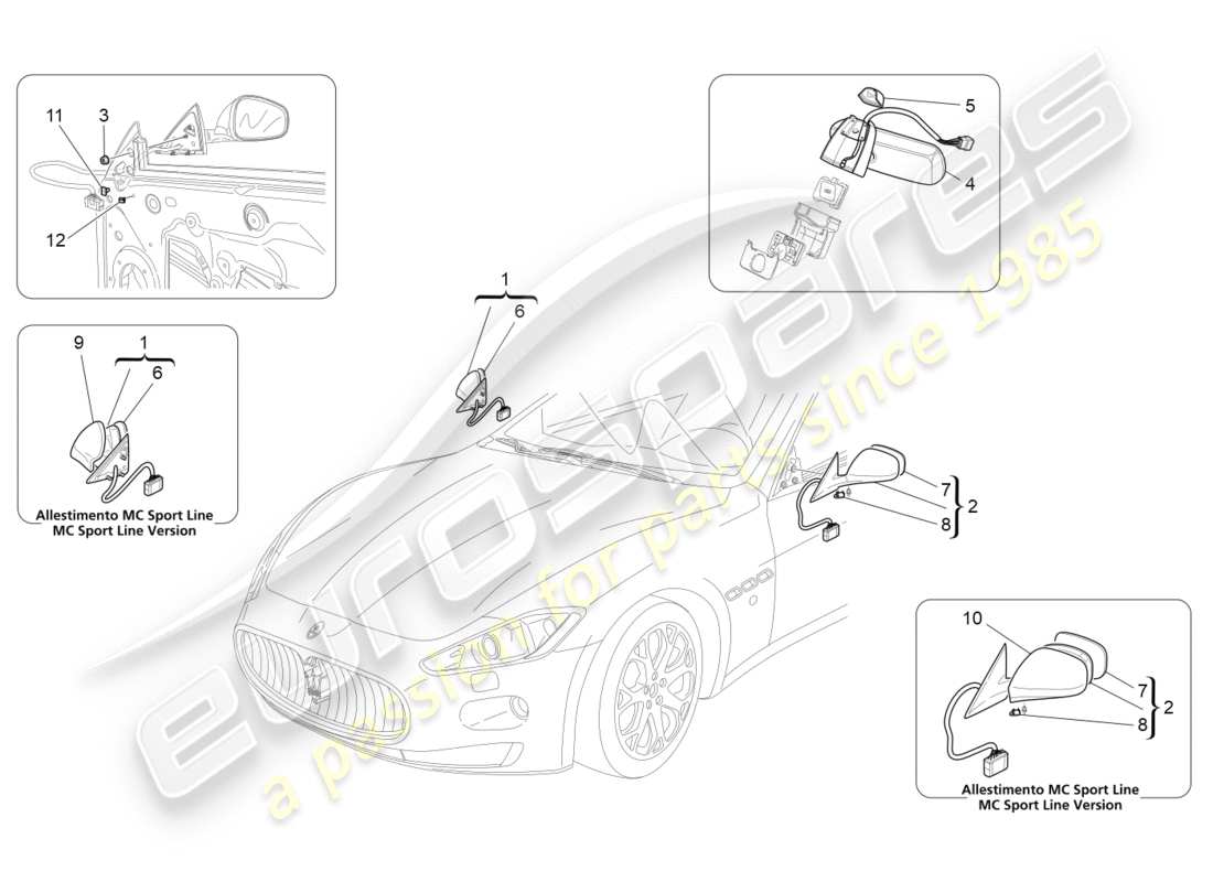 maserati granturismo (2014) specchi retrovisori interni ed esterni diagramma delle parti