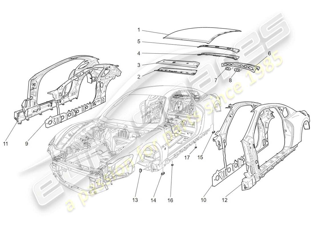 maserati granturismo (2009) carrozzeria e pannelli di rivestimento esterni centrali diagramma delle parti