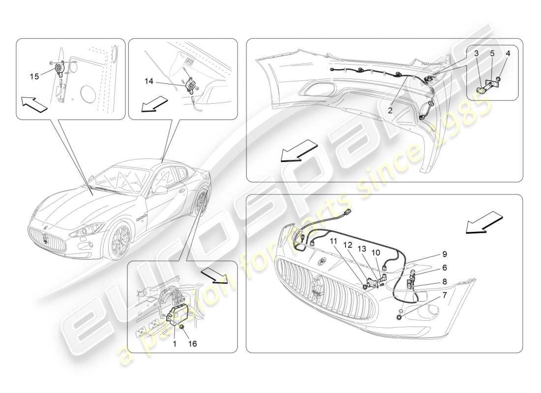 maserati granturismo (2009) diagramma delle parti dei sensori di parcheggio