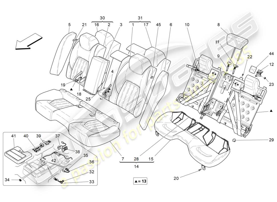 maserati qtp 3.0 tds v6 275hp (2015) sedili posteriori: schema delle parti dei pannelli di rivestimento