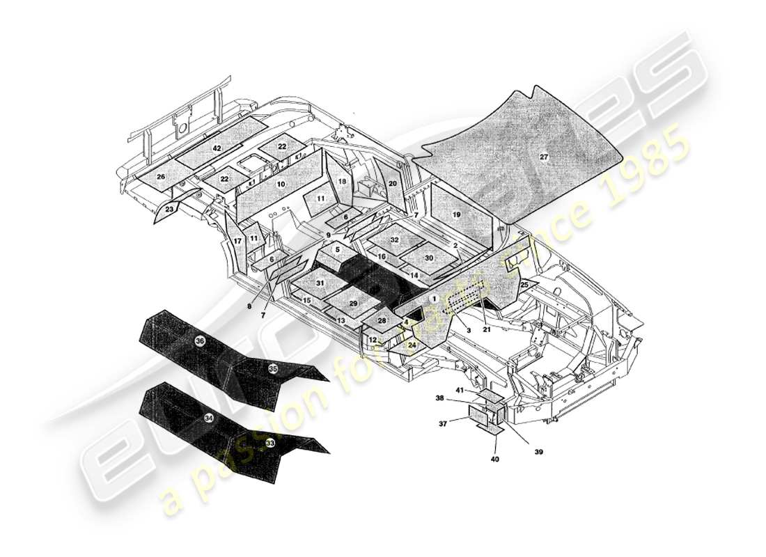 aston martin v8 volante (1997) assorbimento del suono diagramma delle parti