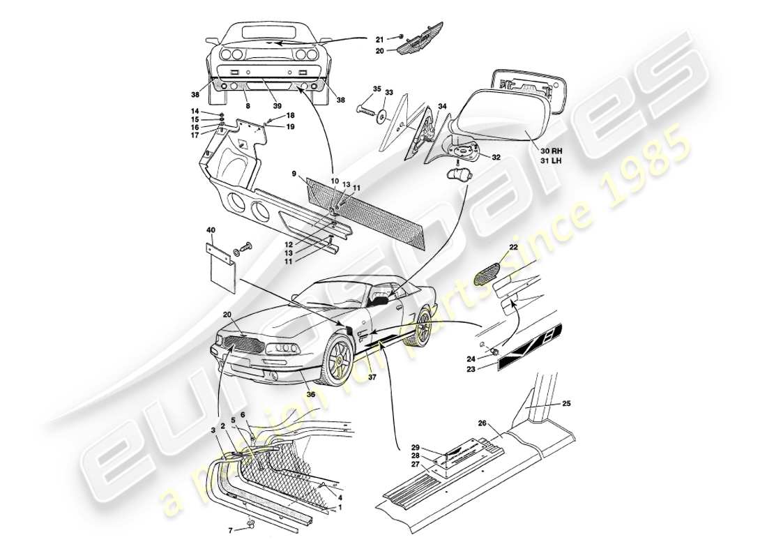 aston martin v8 volante (1997) diagramma delle parti dei raccordi del corpo