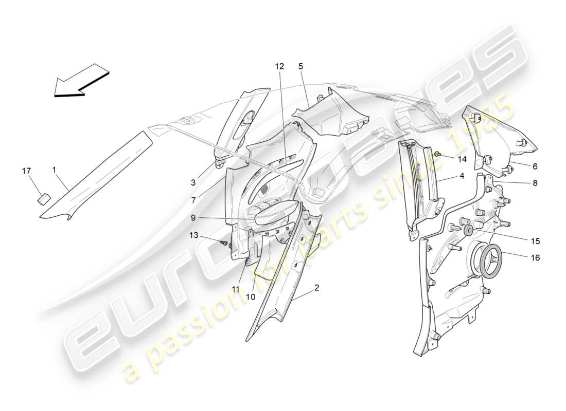 maserati granturismo (2015) schema delle parti dei pannelli di rivestimento del montante b e dei pannelli laterali dell'abitacolo