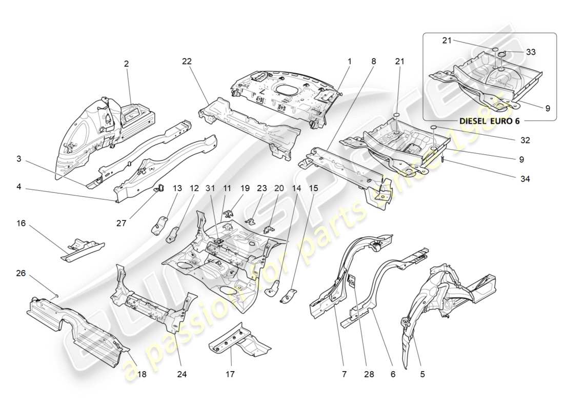 maserati qtp 3.0 bt v6 410hp (2014) schema delle parti dei telai strutturali posteriori e dei pannelli in lamiera