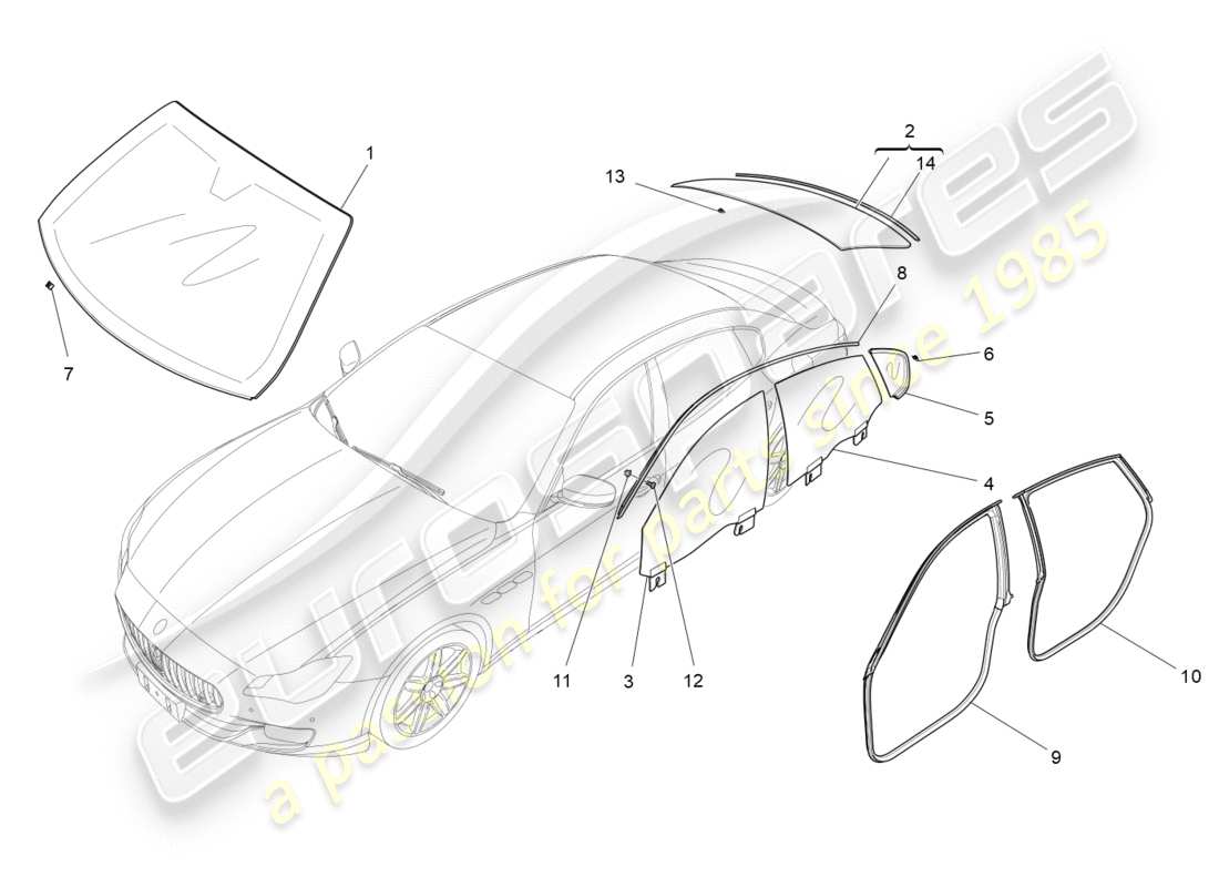maserati qtp 3.0 bt v6 410hp (2014) diagramma delle parti di finestre e strisce di finestre