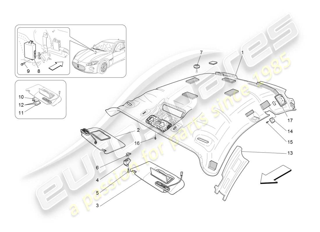 maserati granturismo (2008) diagramma delle parti del tetto e delle alette parasole