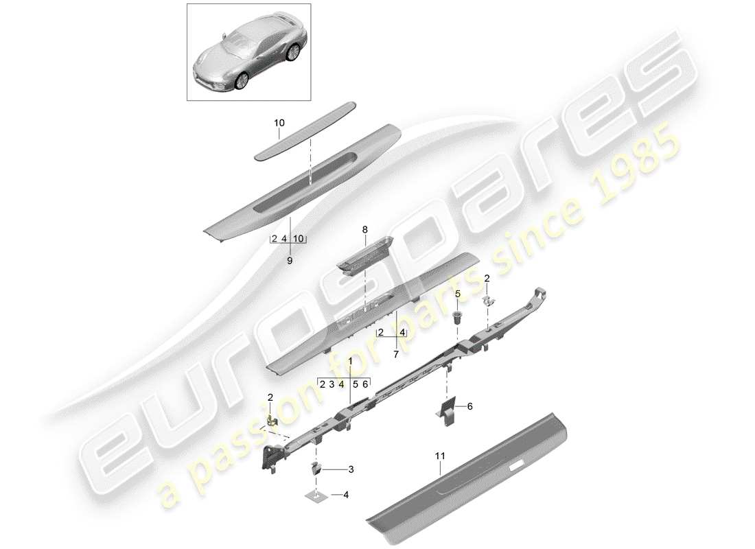 porsche 991 turbo (2019) diagramma delle parti della fodera