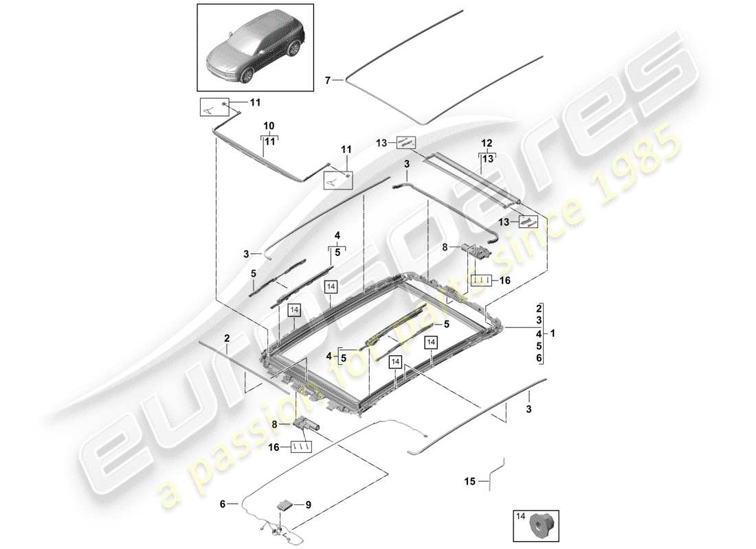 porsche 2019 (cayenne e3 9ya/9yb) tetto di vetro diagramma delle parti