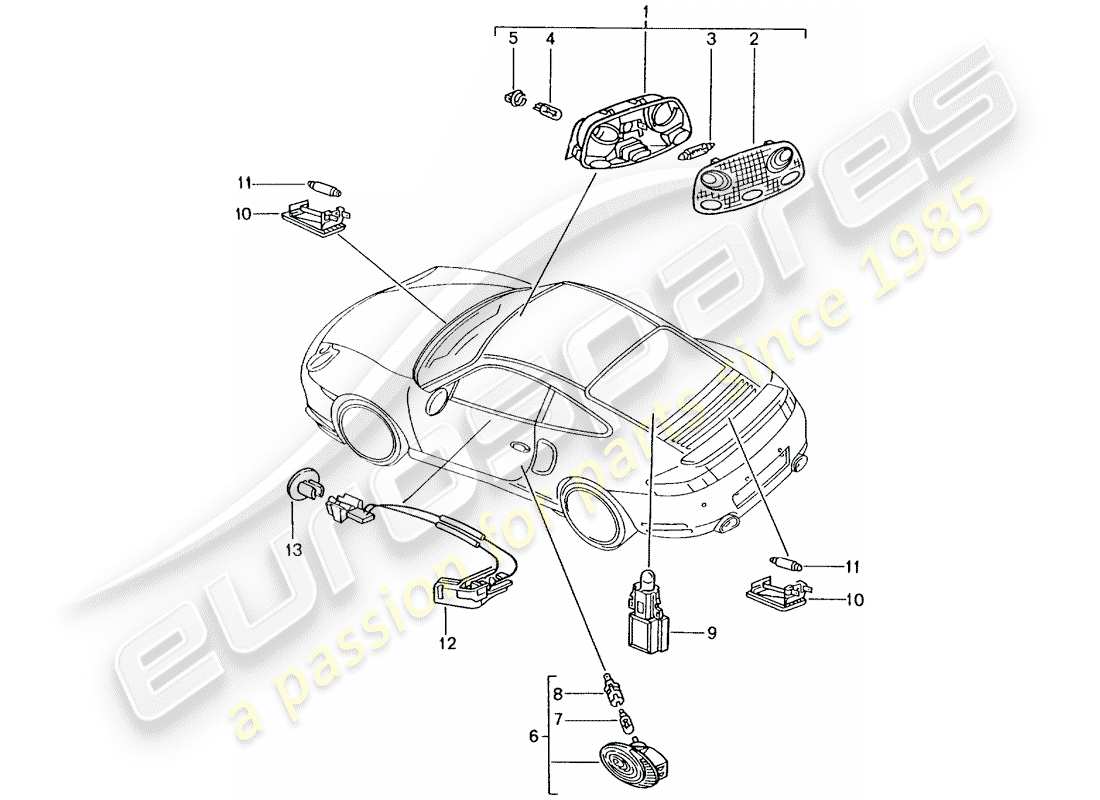 porsche 2003 (996 turbo / gt2) luce interna - lampada vano bagagli - luce vano motore - luce vano piedi - luce cassetto portaoggetti - illuminazione maniglia portiera - sblocco interno schema delle parti
