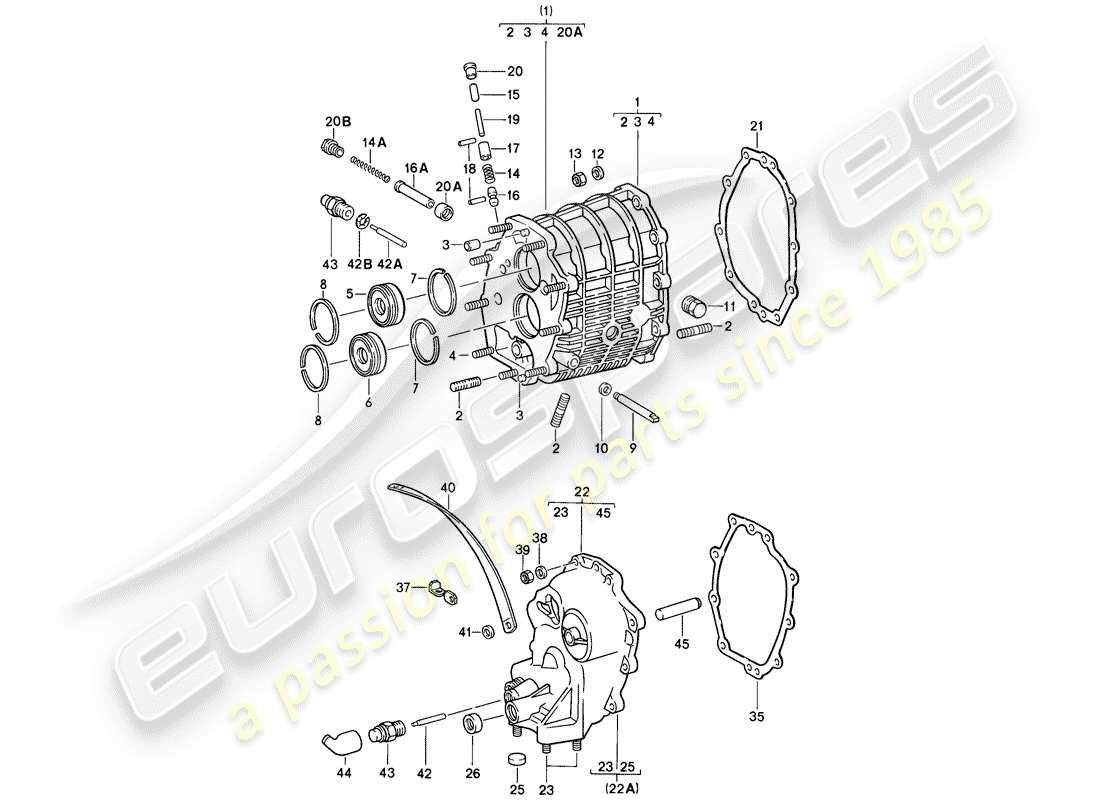 porsche 1985 (911) scatola ingranaggio - coperchio trasmissione diagramma delle parti