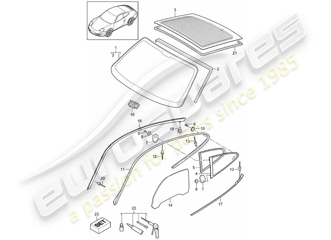 porsche 2012 (997-2) vetri della finestra diagramma delle parti