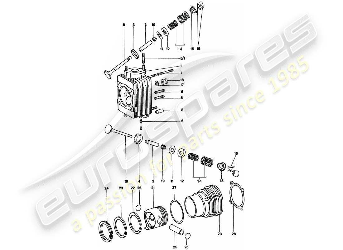 porsche 1975 (914) testa cilindro - cilindro con pistoni diagramma delle parti