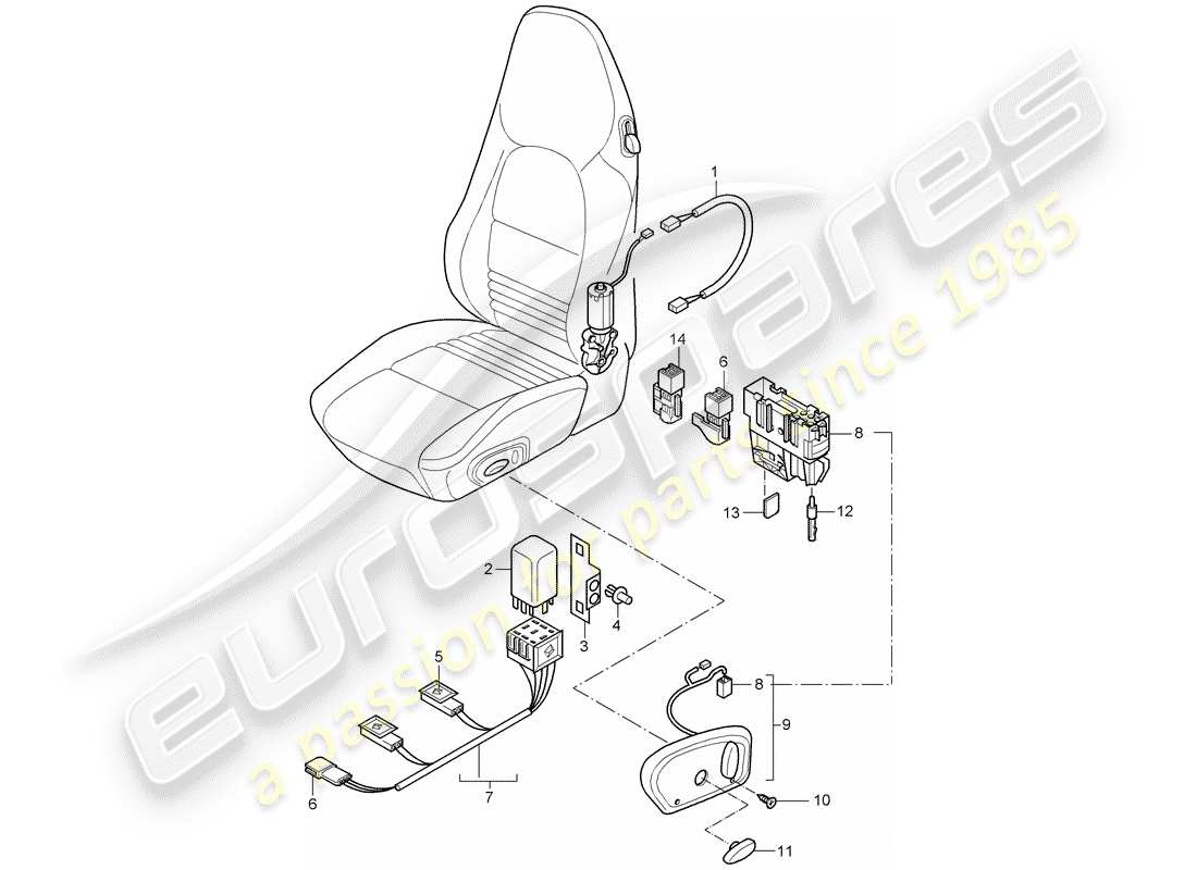 porsche 996 t/gt2 (2001) cablaggi - interruttore - sedile standard - sedile sportivo schema delle parti