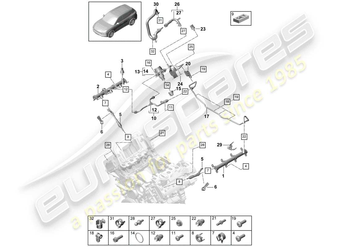 porsche 2020 (cayenne e3 9ya/9yb) tubo di raccolta carburante diagramma delle parti